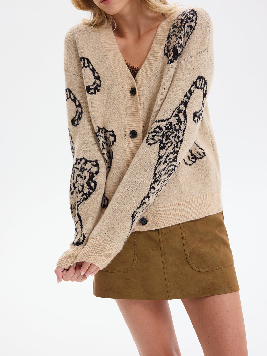 Tiger Jacquard V-Neck Knit Cardigan