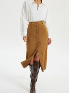 Decorative Button Suede Effect Slit Midi Skirt