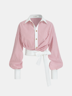 Color-Block Striped Tie-Waist Shirt