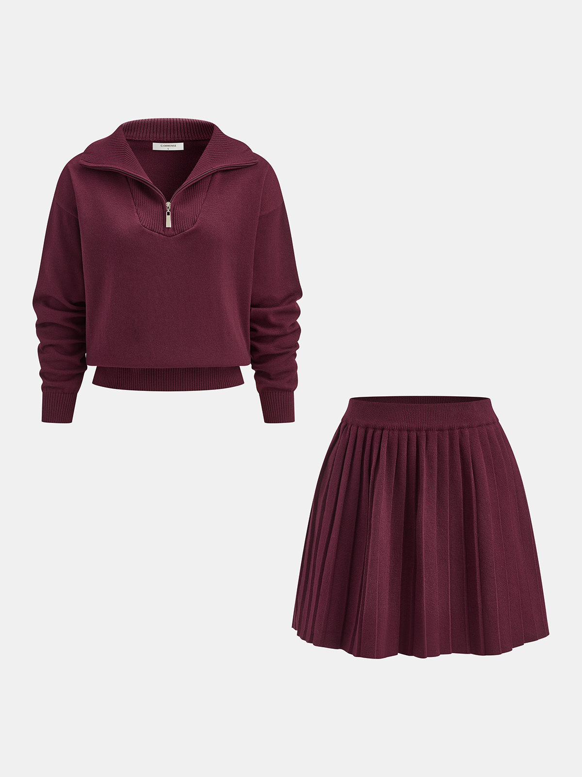 Half-Zip Knit Top & Pleated Skirt Set