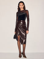 Velvet-Mesh Panel Long-Sleeve Top