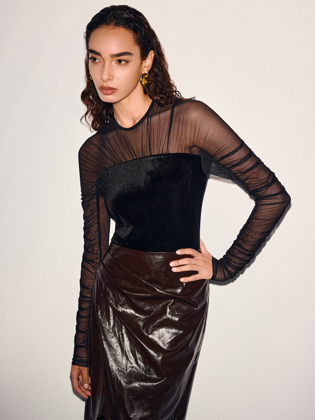 Velvet-Mesh Panel Long-Sleeve Top