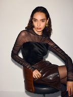 Velvet-Mesh Panel Long-Sleeve Top