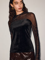 Velvet-Mesh Panel Long-Sleeve Top