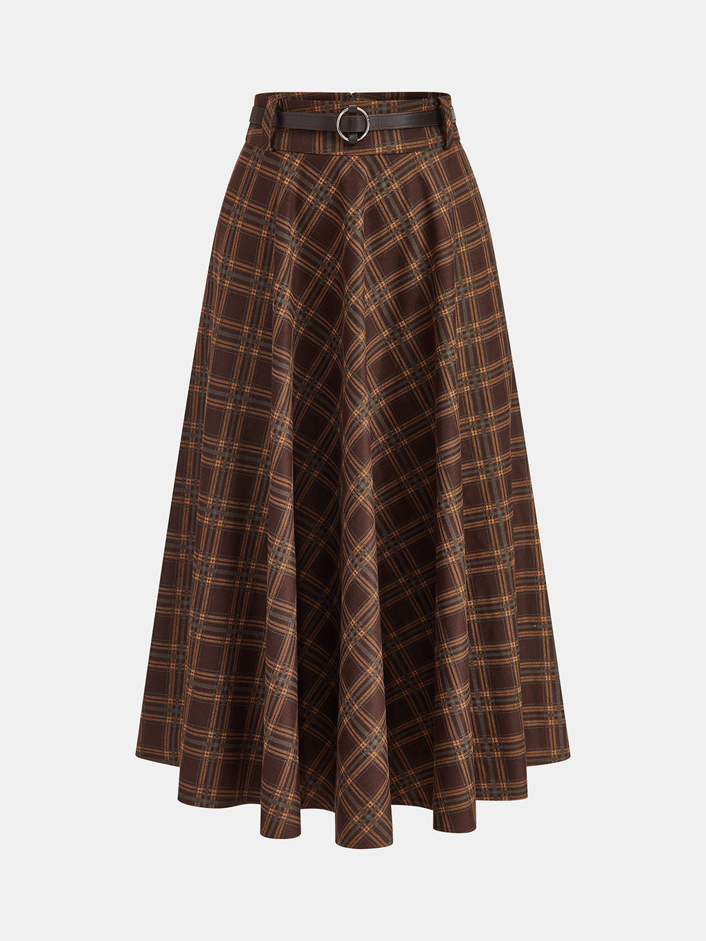 Belted Plaid A-Line Skirt