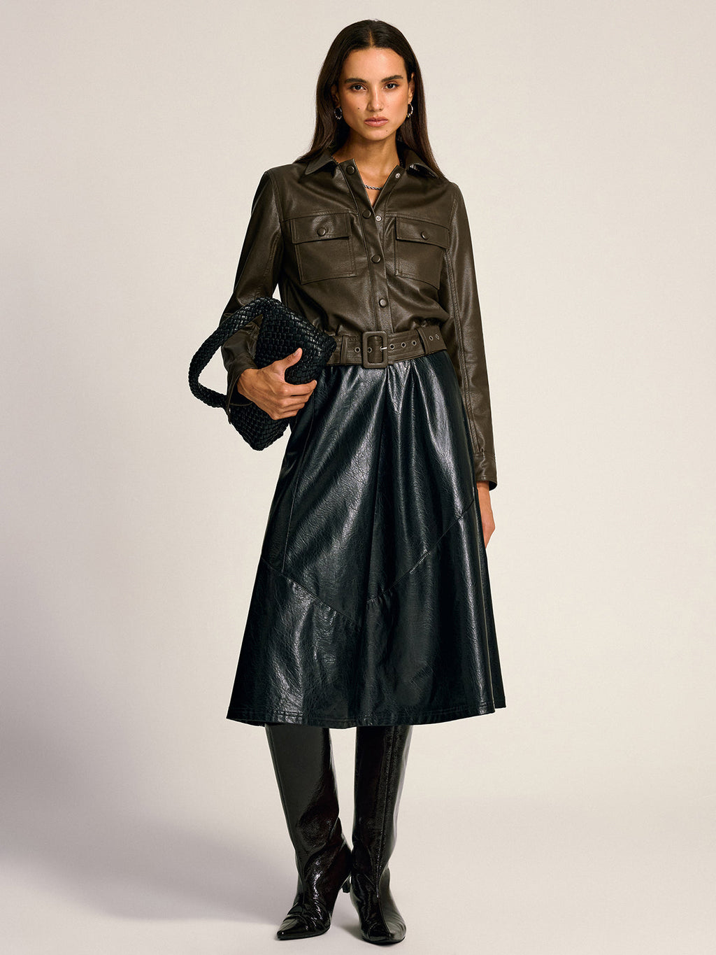 Belted PU Leather Cargo Shirt Jacket