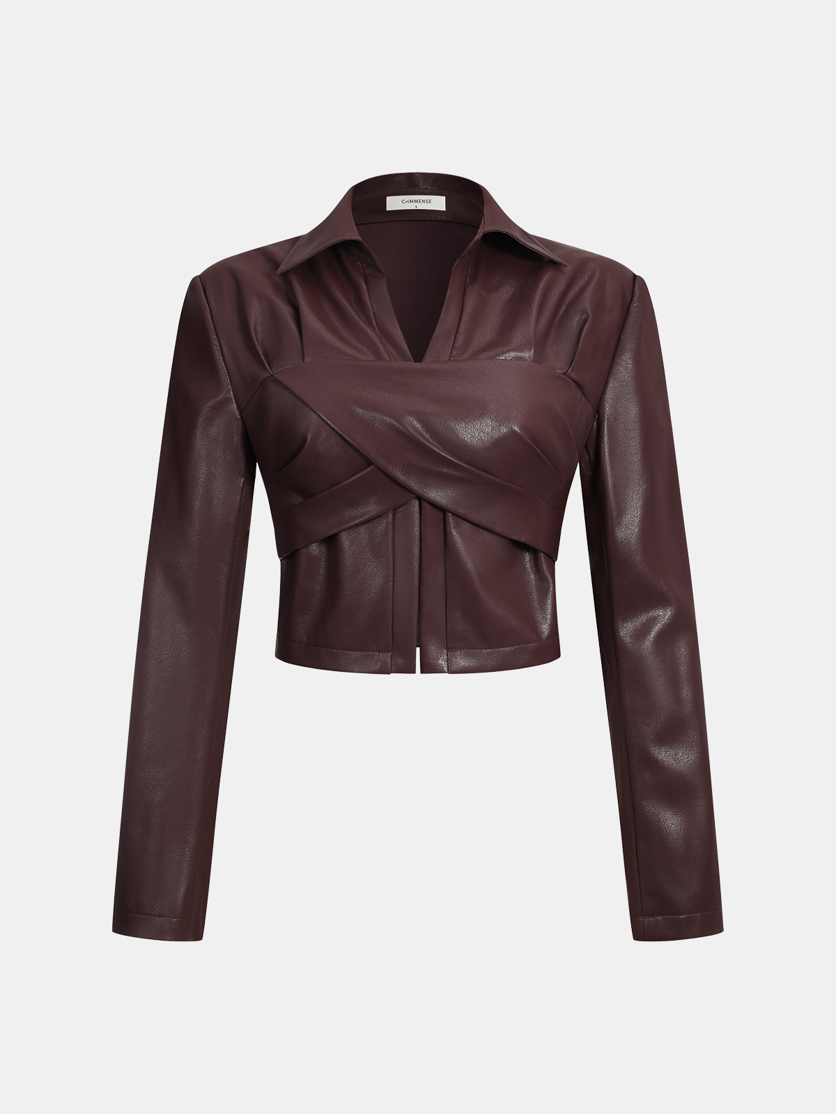 Collared Faux Leather Cropped Cross-Front Top