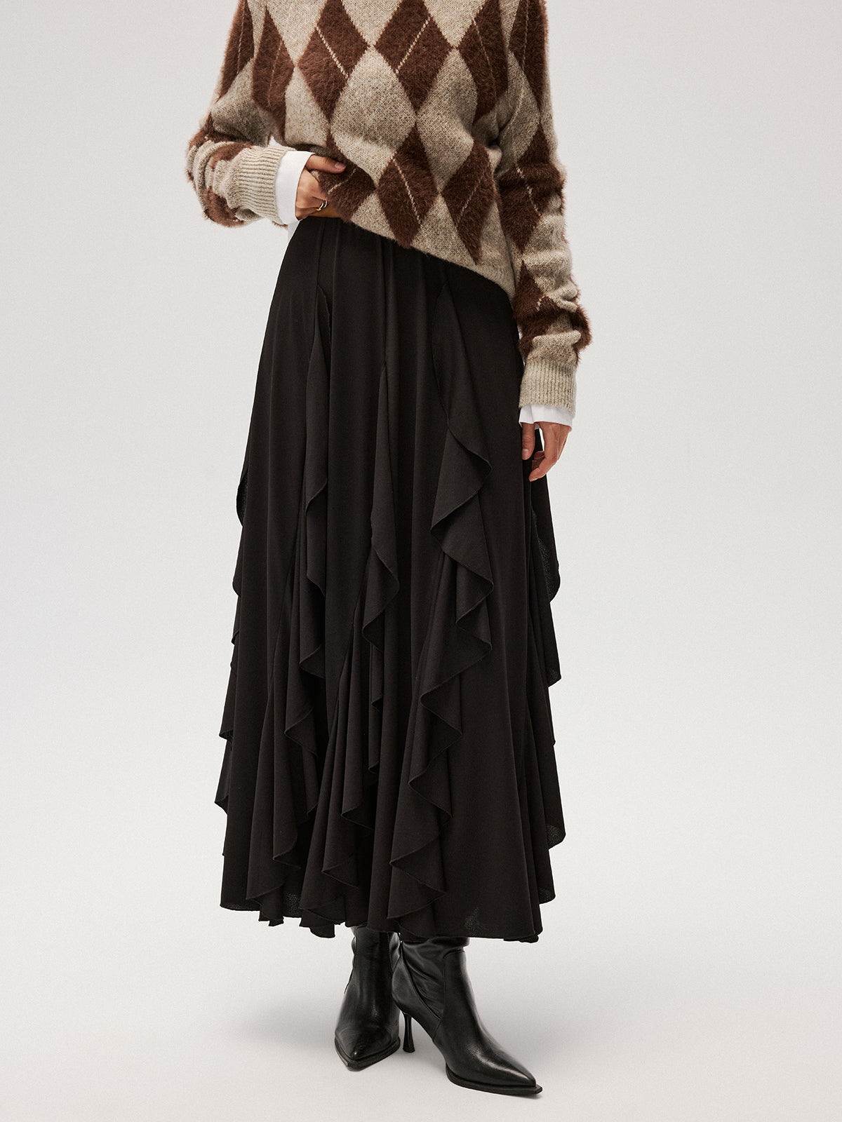 Asymmetrical Ruffle Mesh Maxi Skirt