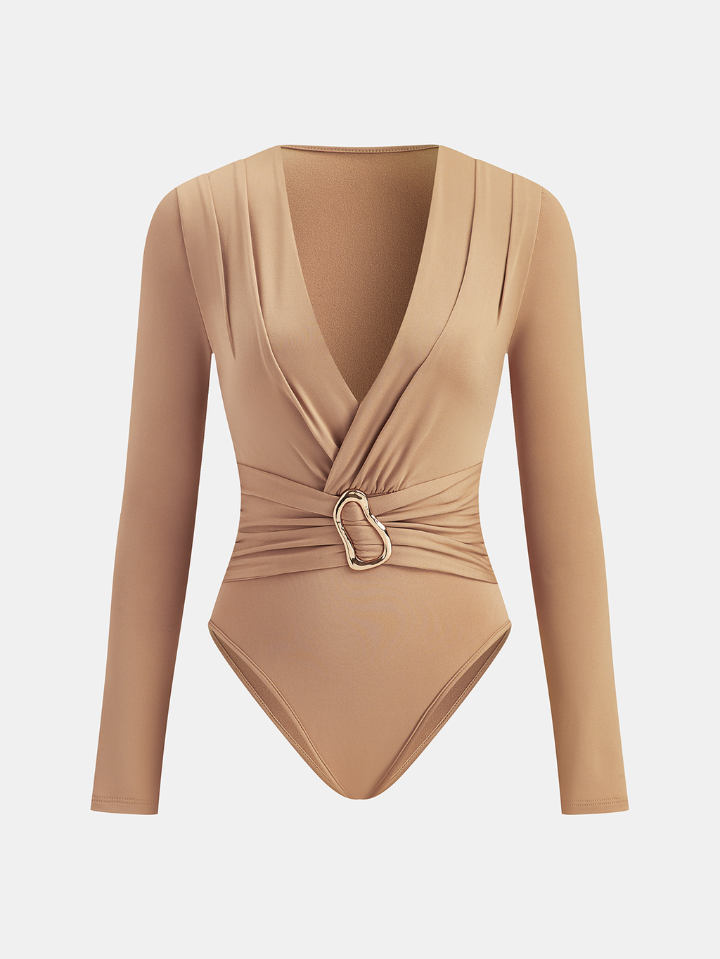 Deep V-Neck Buckle Detail Long Sleeve Bodysuit