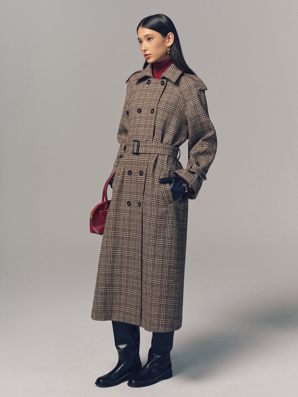 Belted Plaid Double-Breasted Long Trench Coat