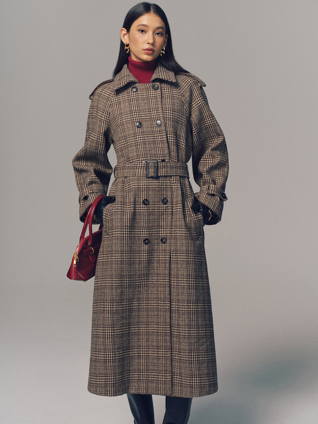 Belted Plaid Double-Breasted Long Trench Coat