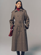Belted Plaid Double-Breasted Long Trench Coat