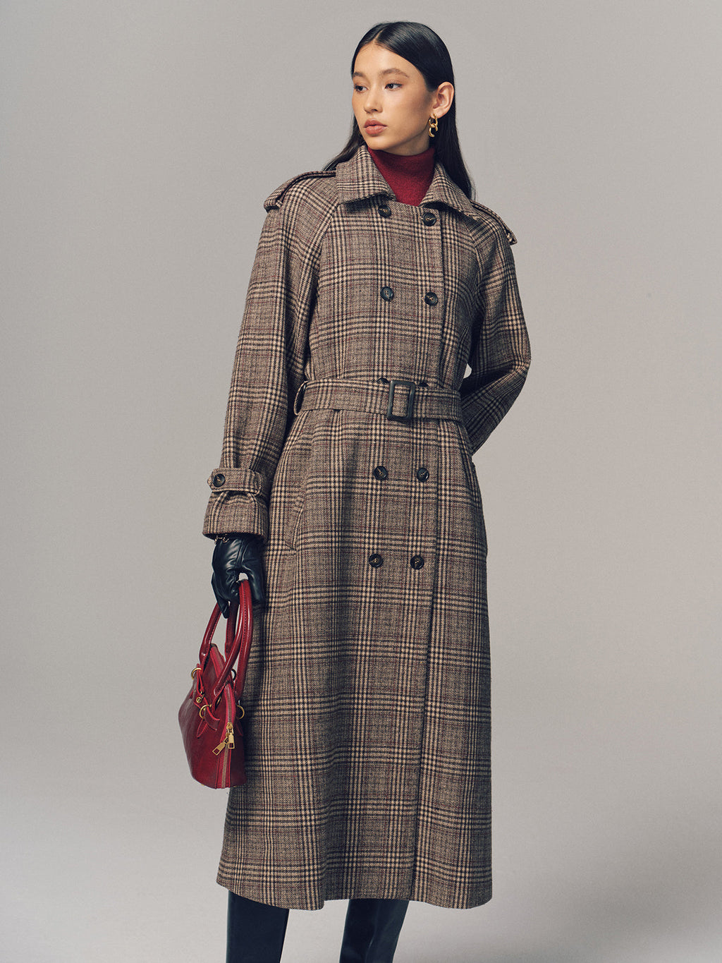 Belted Plaid Double-Breasted Long Trench Coat