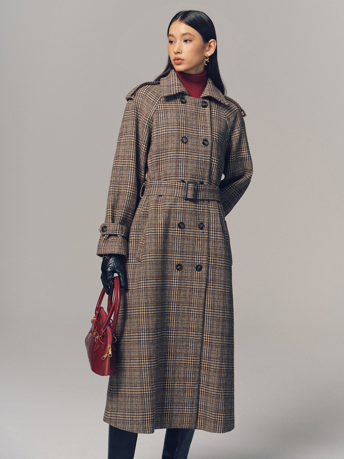 Belted Plaid Double-Breasted Long Trench Coat