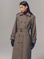Belted Plaid Double-Breasted Long Trench Coat