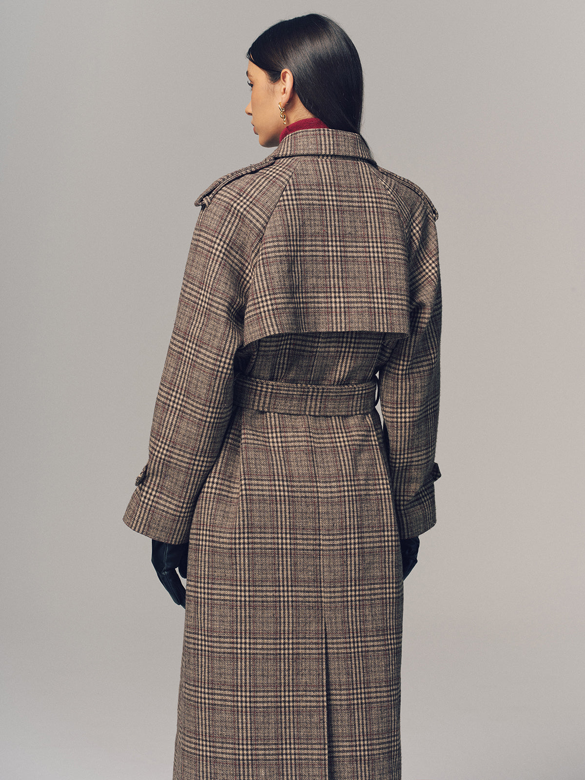Belted Plaid Double-Breasted Long Trench Coat