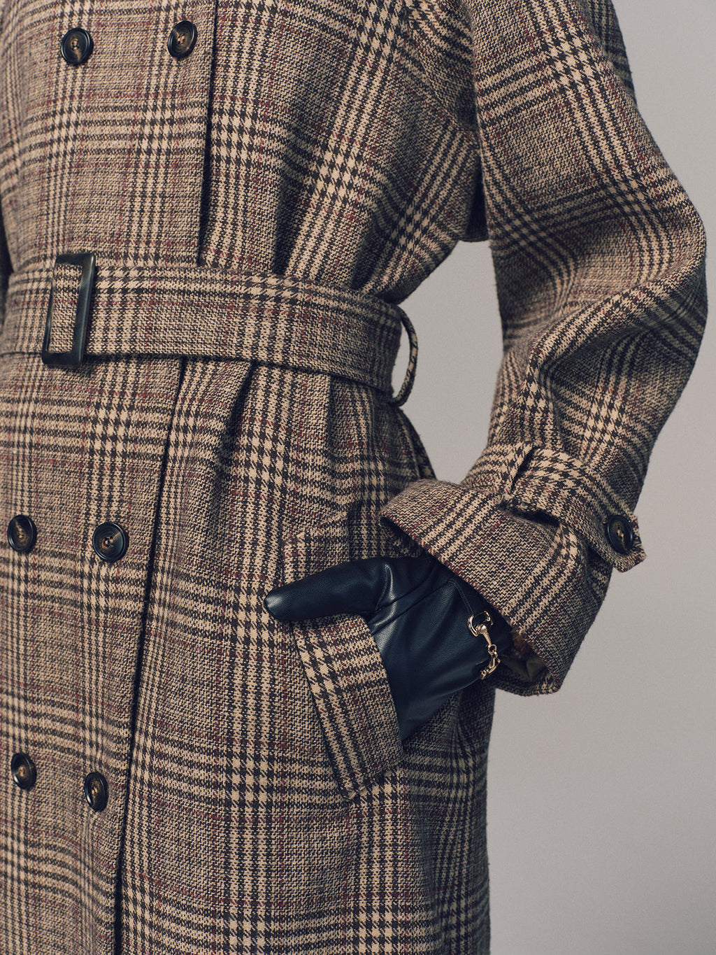 Belted Plaid Double-Breasted Long Trench Coat