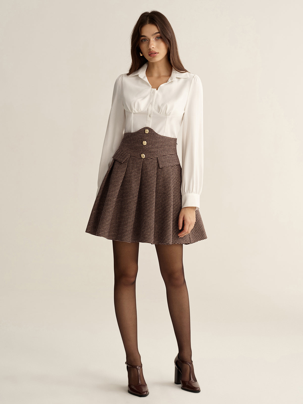 Houndstooth High-Waisted Pleated Mini Skirt