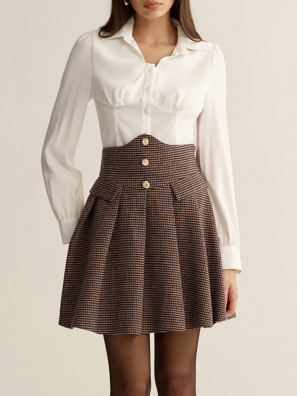Houndstooth High-Waisted Pleated Mini Skirt