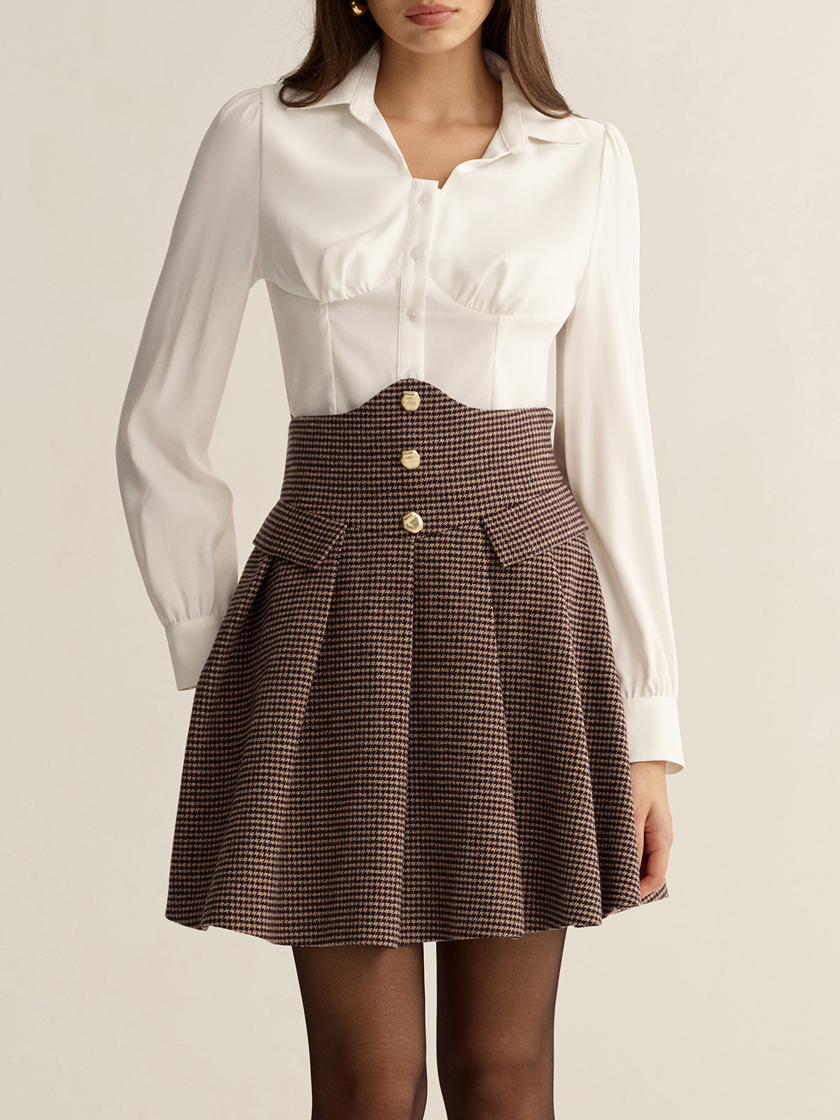 Houndstooth High-Waisted Pleated Mini Skirt