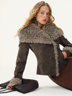 Shearling Collar Suede Effect Short Jacket