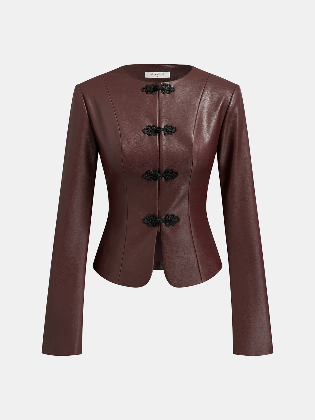 Frog-Closure Faux Leather Blazer