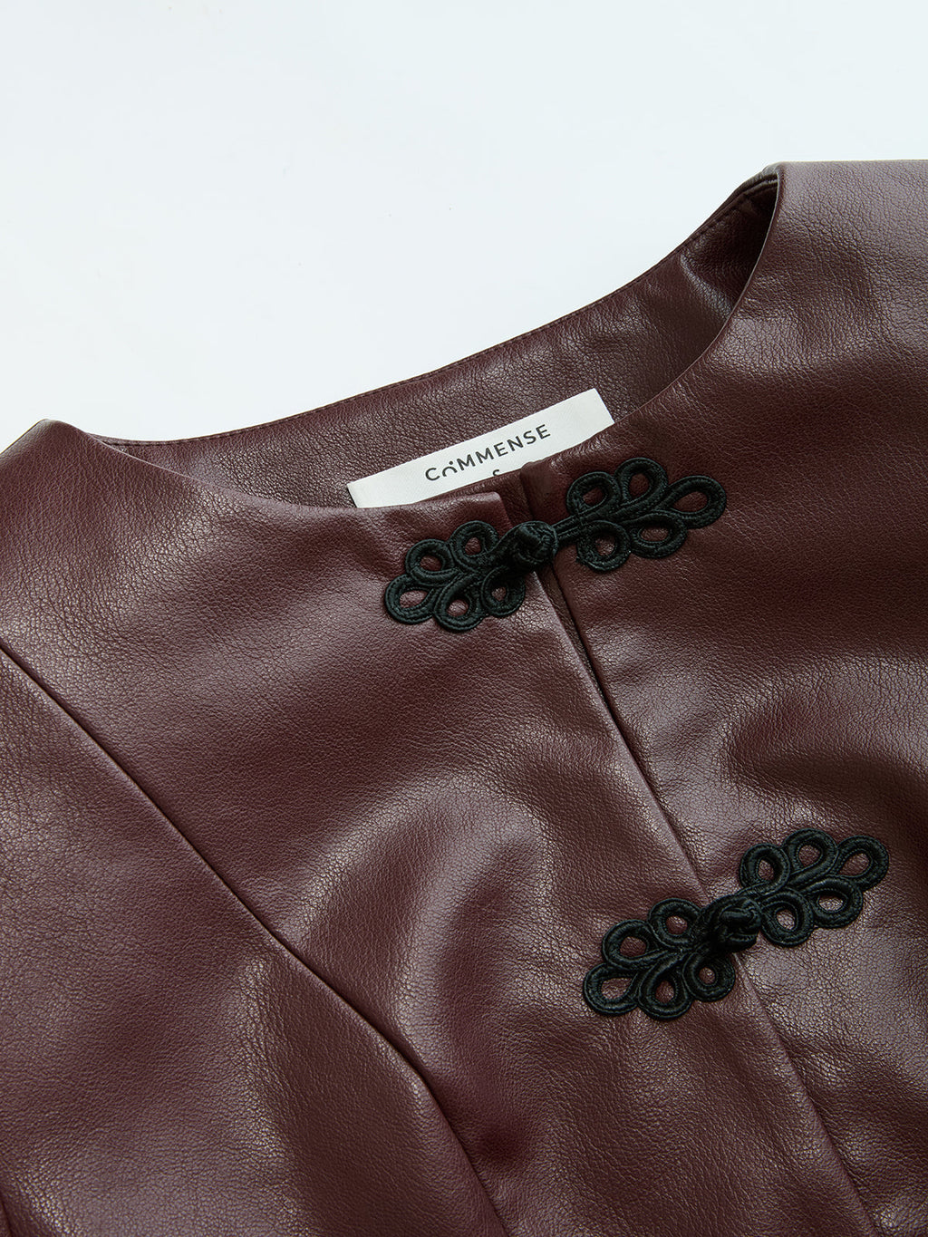 Frog-Closure Faux Leather Blazer