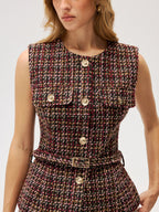 Belted Tweed Sleeveless Vest