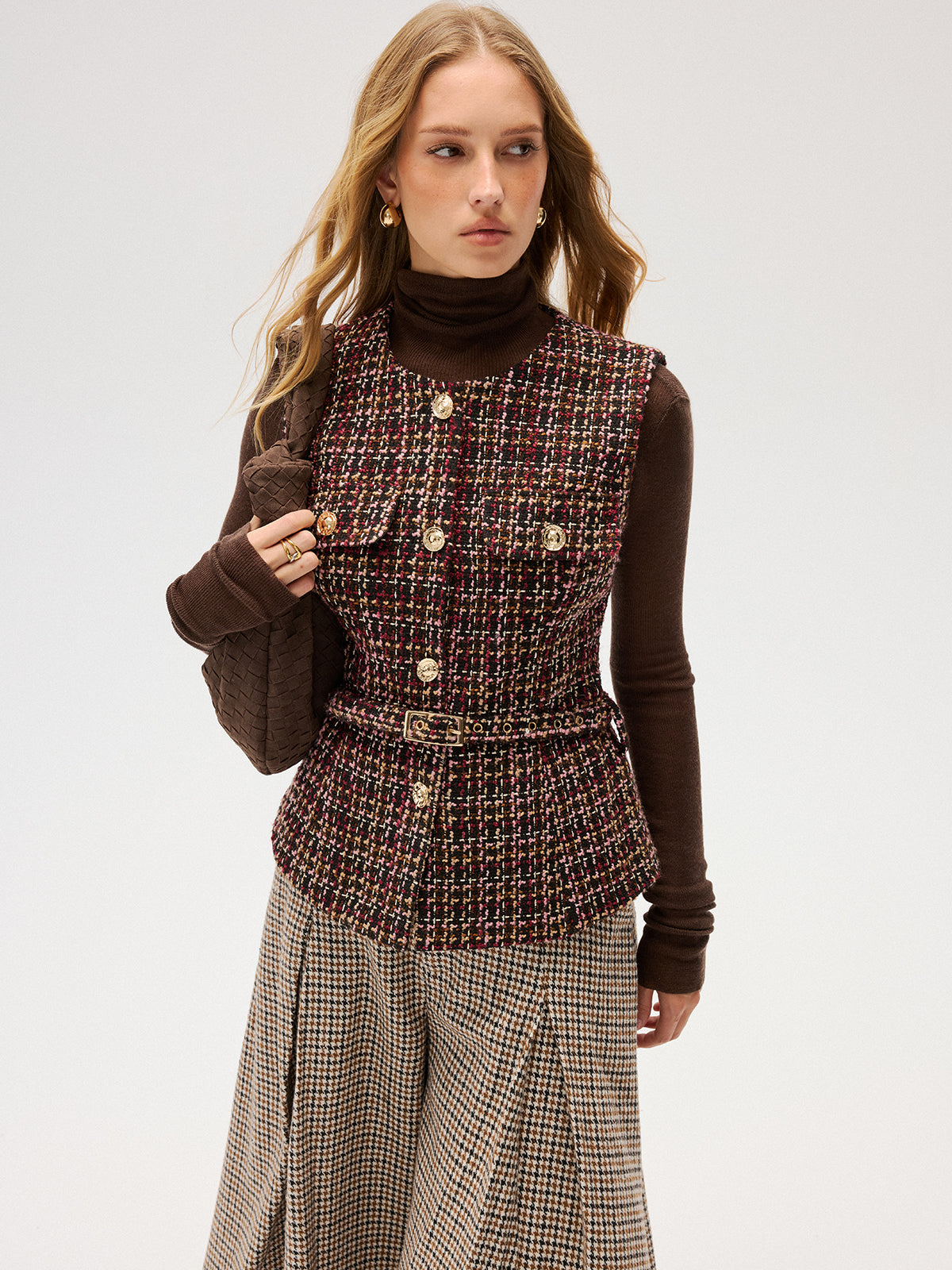 Belted Tweed Sleeveless Vest