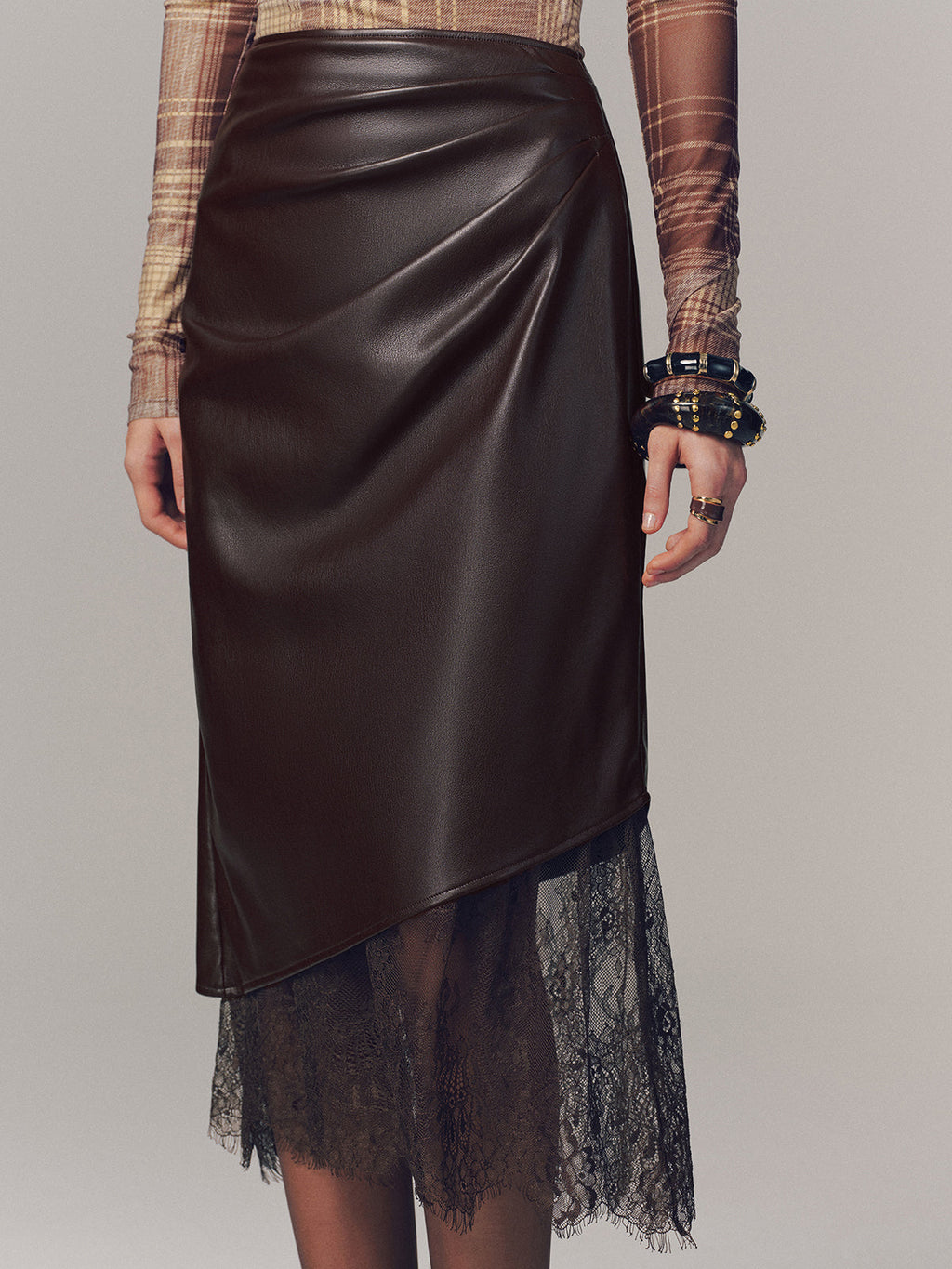 Lace Hem Faux Leather Ruched Midi Skirt
