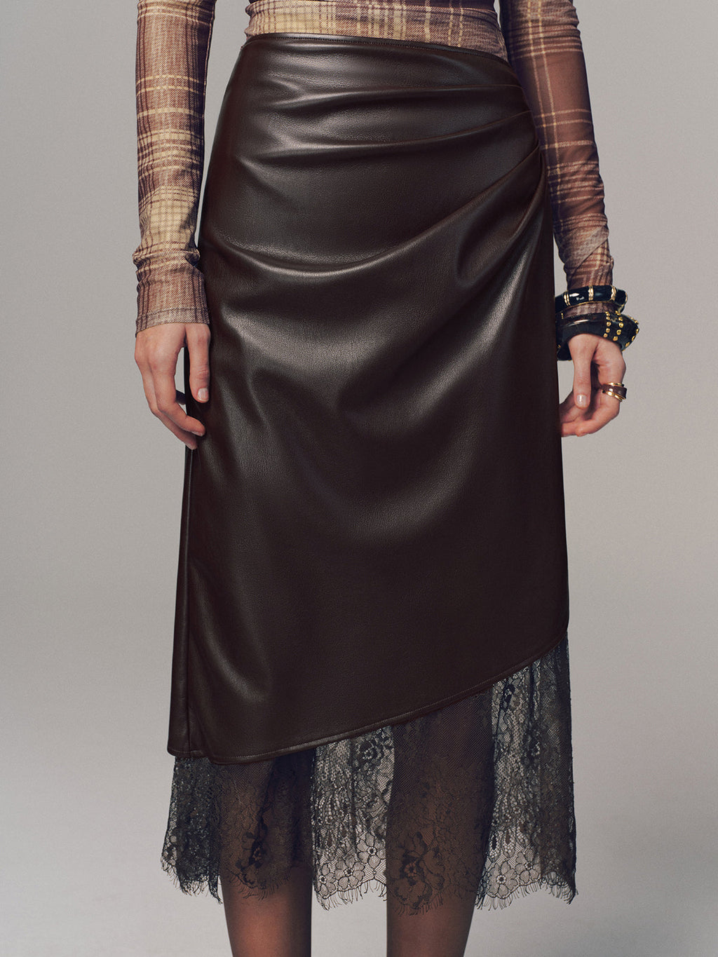 Lace Hem Faux Leather Ruched Midi Skirt