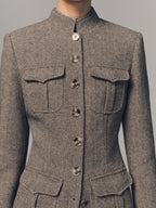 Herringbone Stand Collar Multi-Pocket Jacket