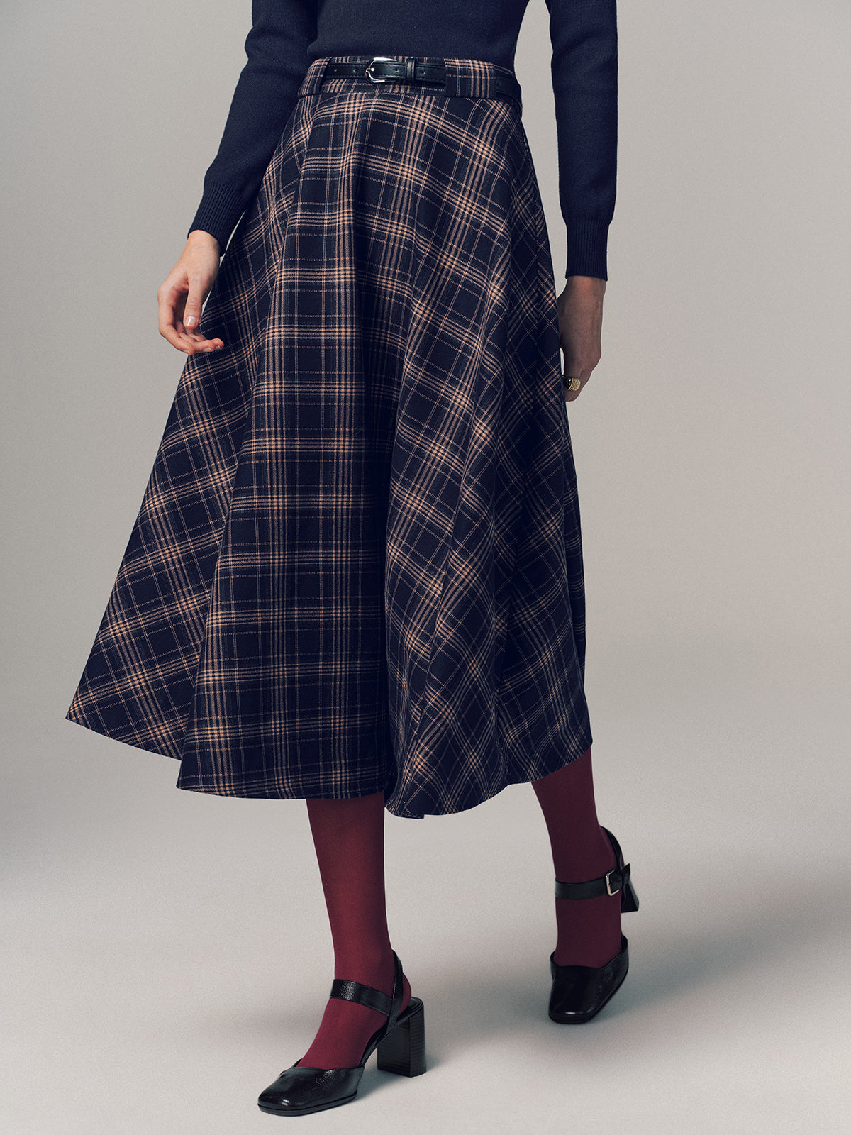 Belted Plaid A-line Midi Skirt