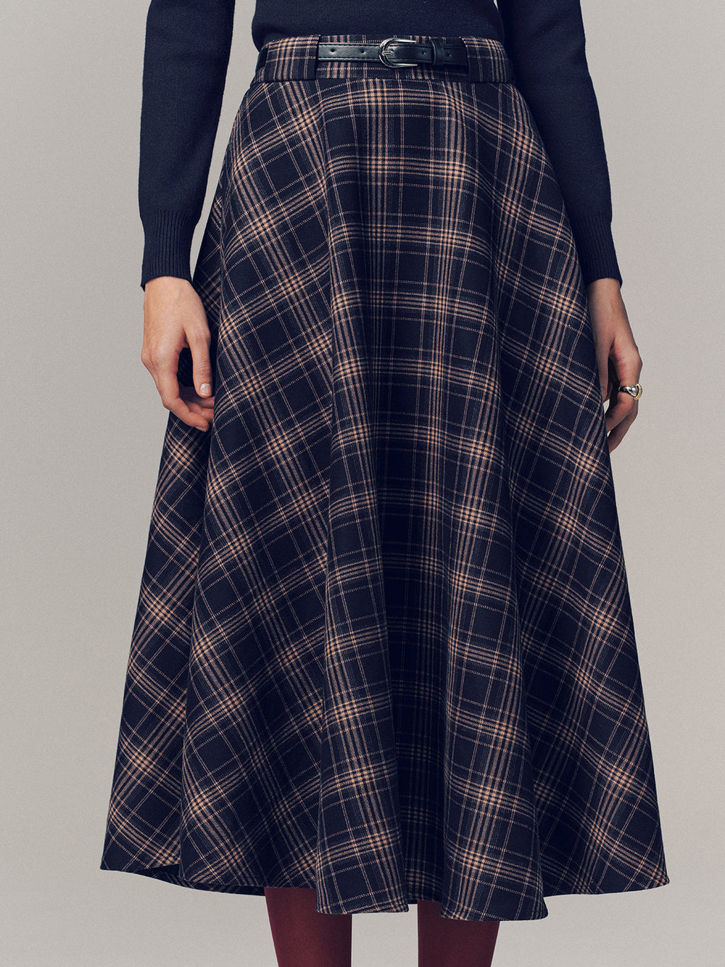 Belted Plaid A-line Midi Skirt