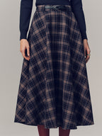 Belted Plaid A-line Midi Skirt