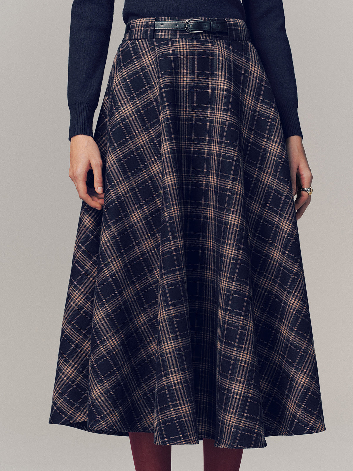 Belted Plaid A-line Midi Skirt