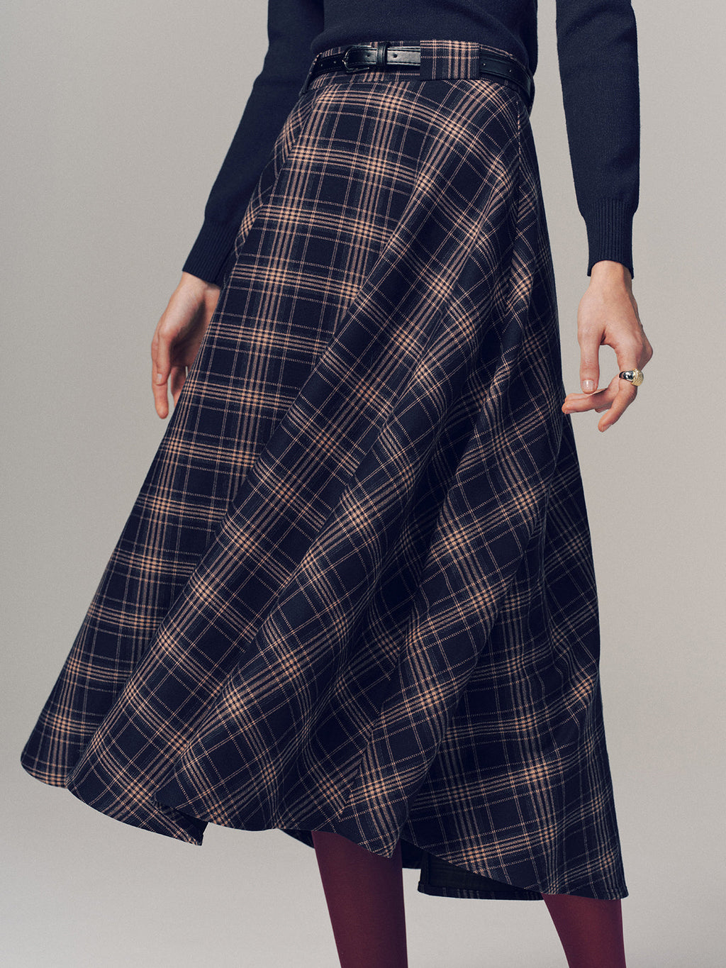 Belted Plaid A-line Midi Skirt