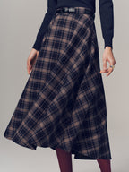 Belted Plaid A-line Midi Skirt