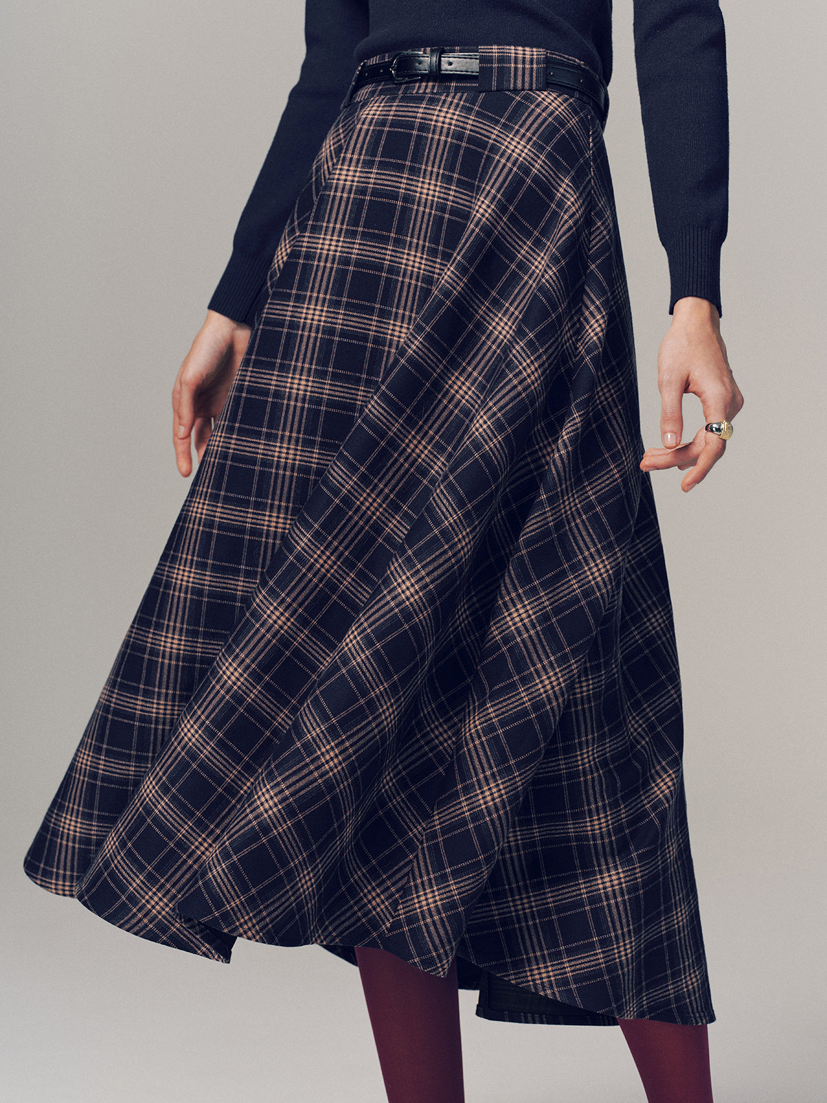 Belted Plaid A-line Midi Skirt