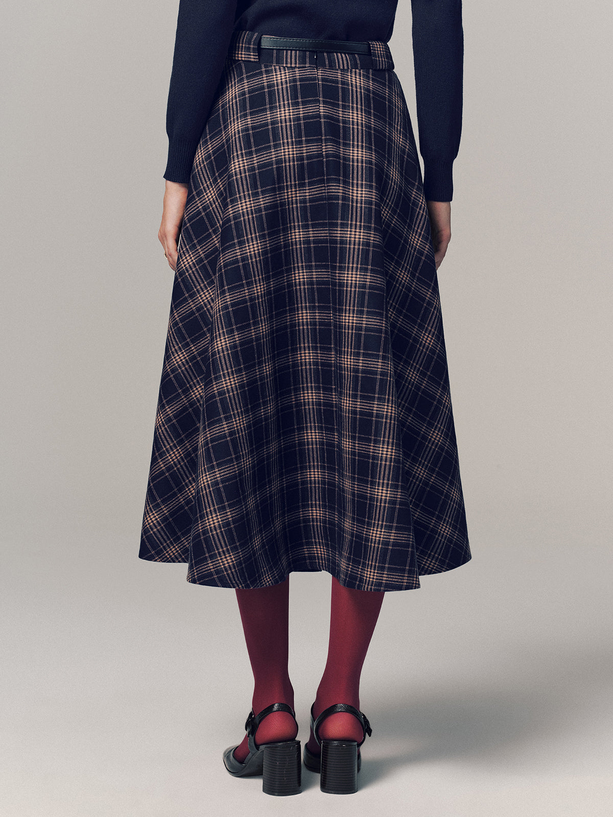 Belted Plaid A-line Midi Skirt
