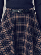 Belted Plaid A-line Midi Skirt