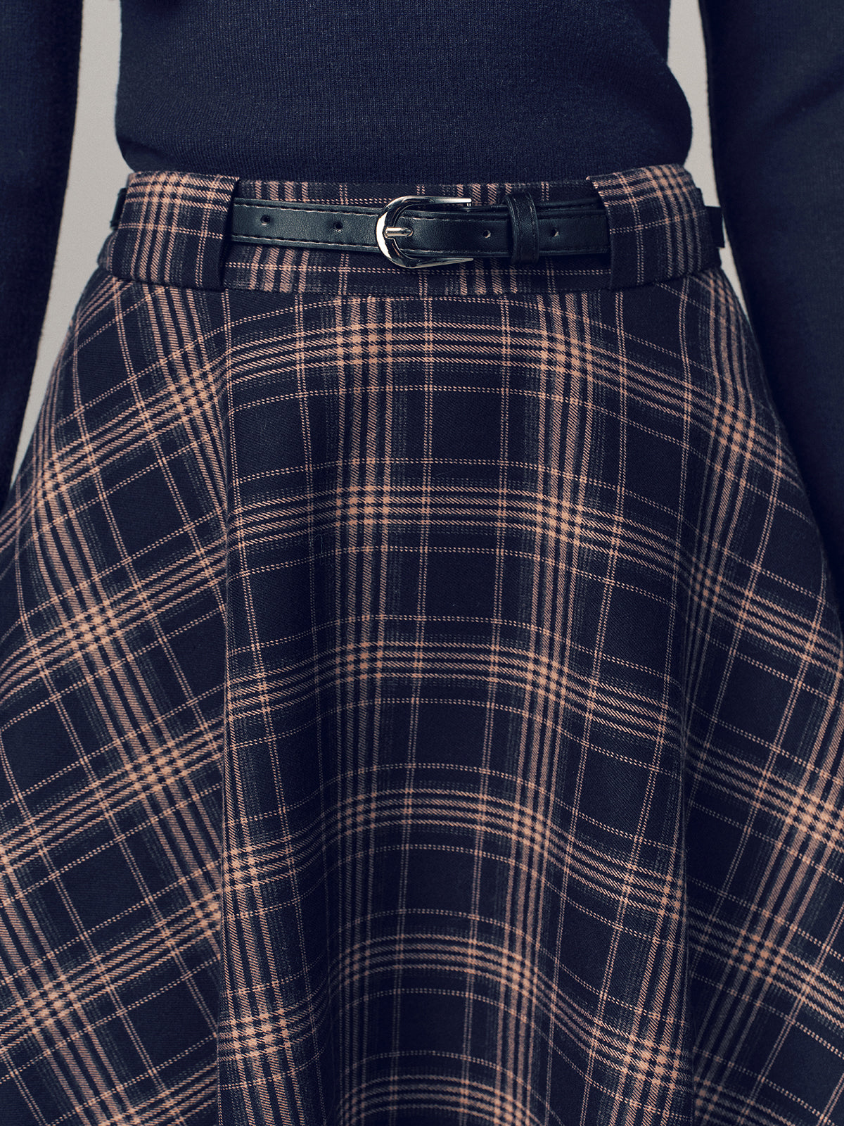 Belted Plaid A-line Midi Skirt