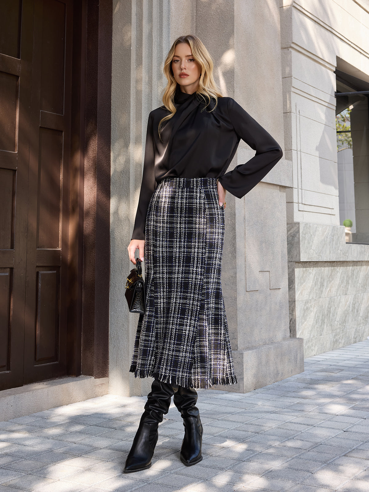 Tweed Plaid Fringe Midi Skirt