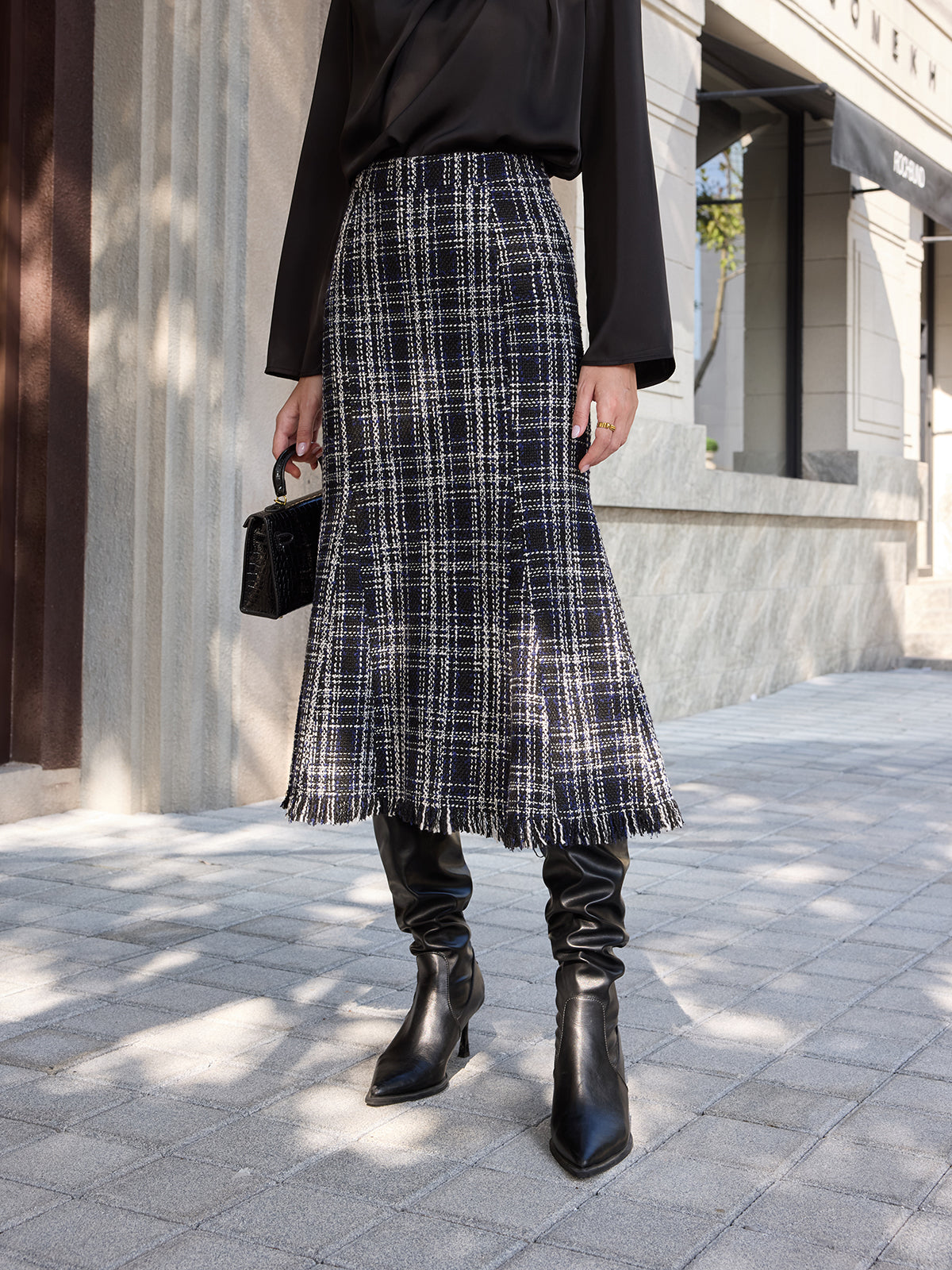 Tweed Plaid Fringe Midi Skirt