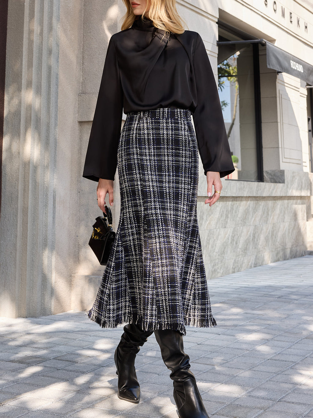 Tweed Plaid Fringe Midi Skirt