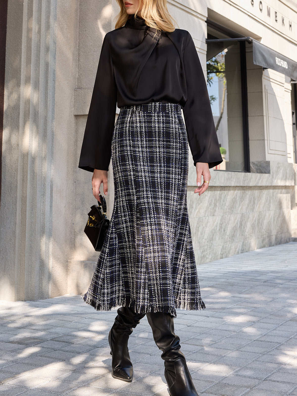 Tweed Plaid Fringe Midi Skirt