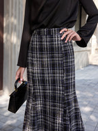 Tweed Plaid Fringe Midi Skirt