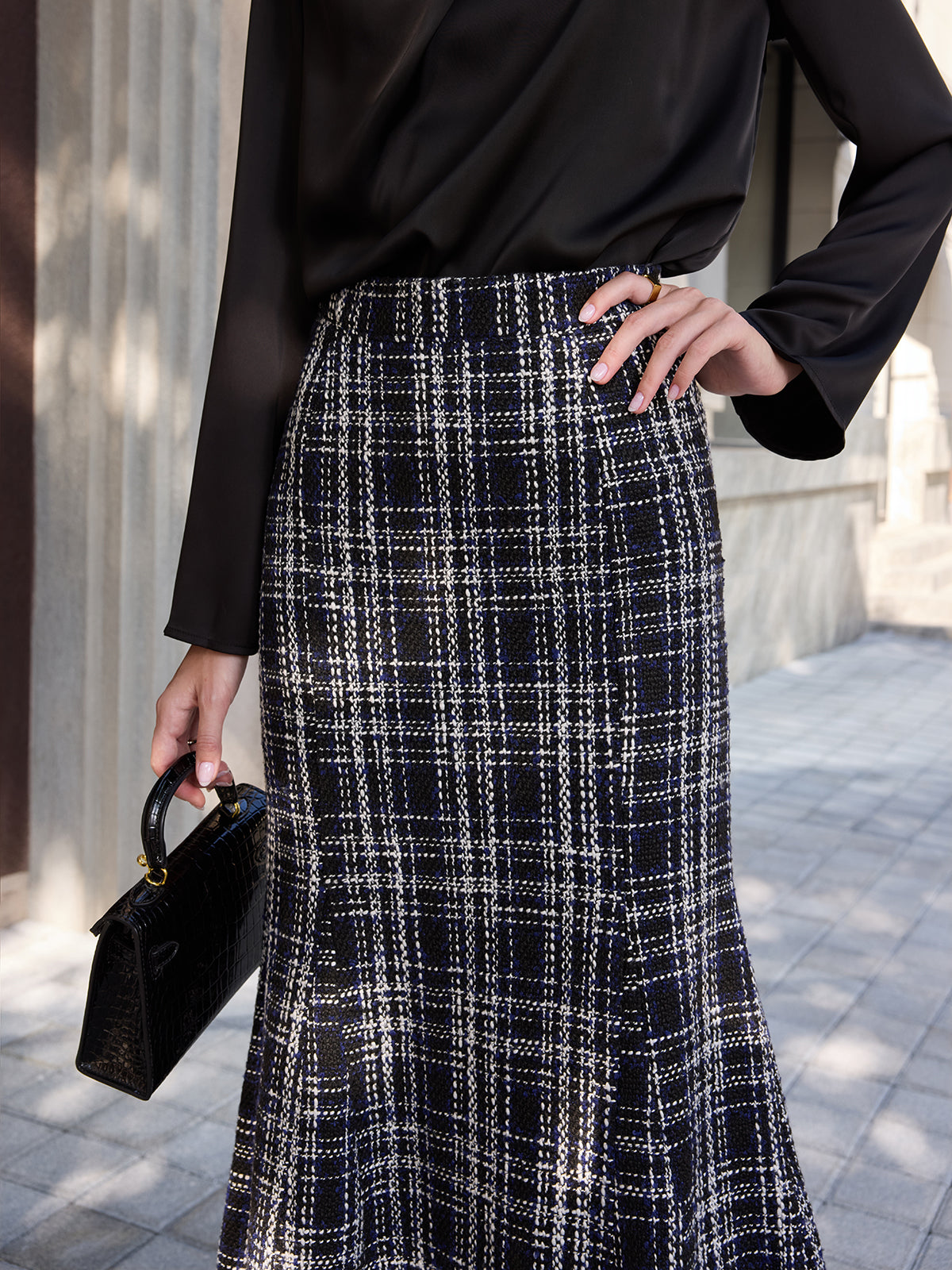 Tweed Plaid Fringe Midi Skirt