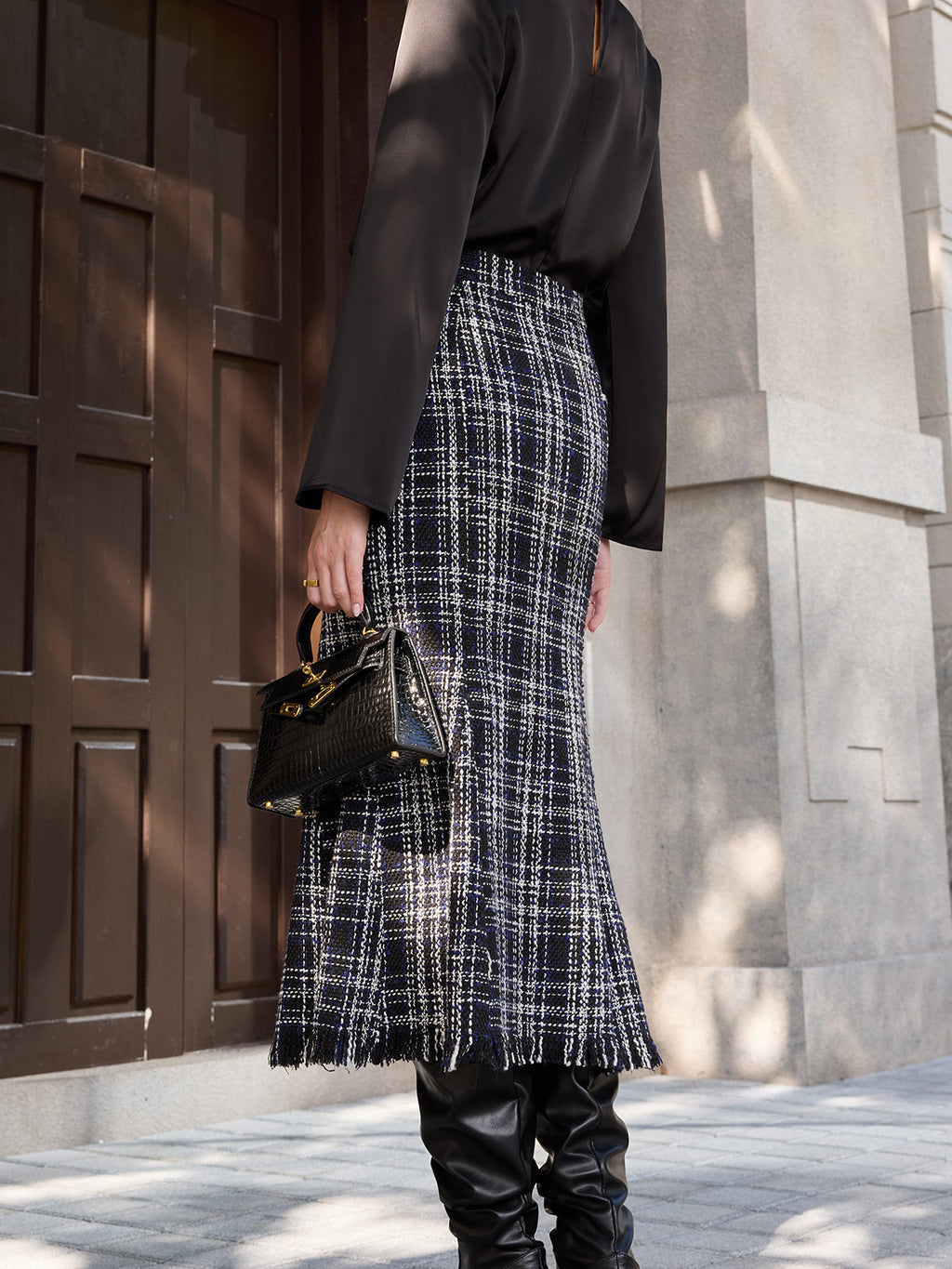 Tweed Plaid Fringe Midi Skirt