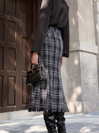 Tweed Plaid Fringe Midi Skirt
